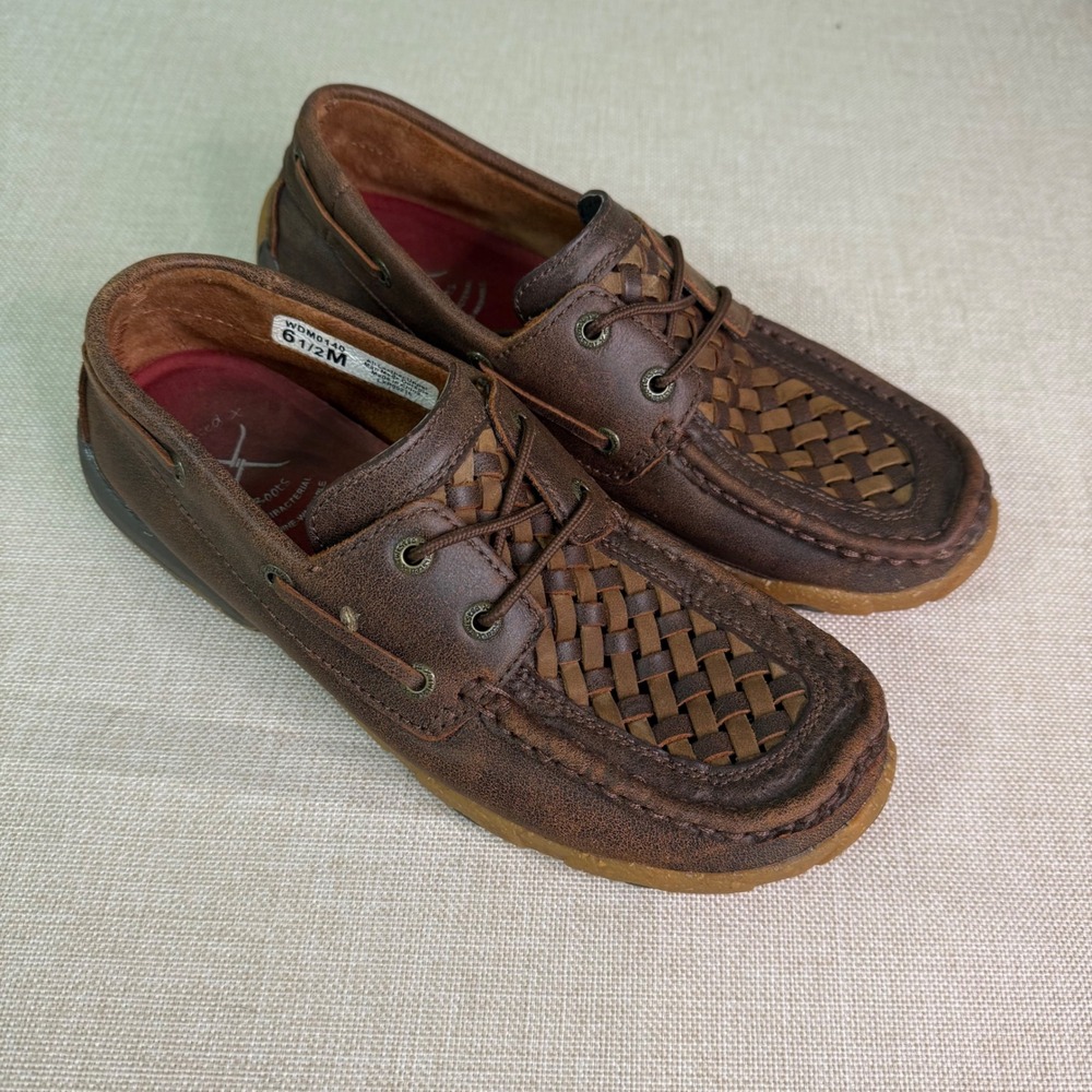 Twisted X Womens Driving Moc Brown Leather Woven Toe Shoes WDM0140 Size 6.5 M